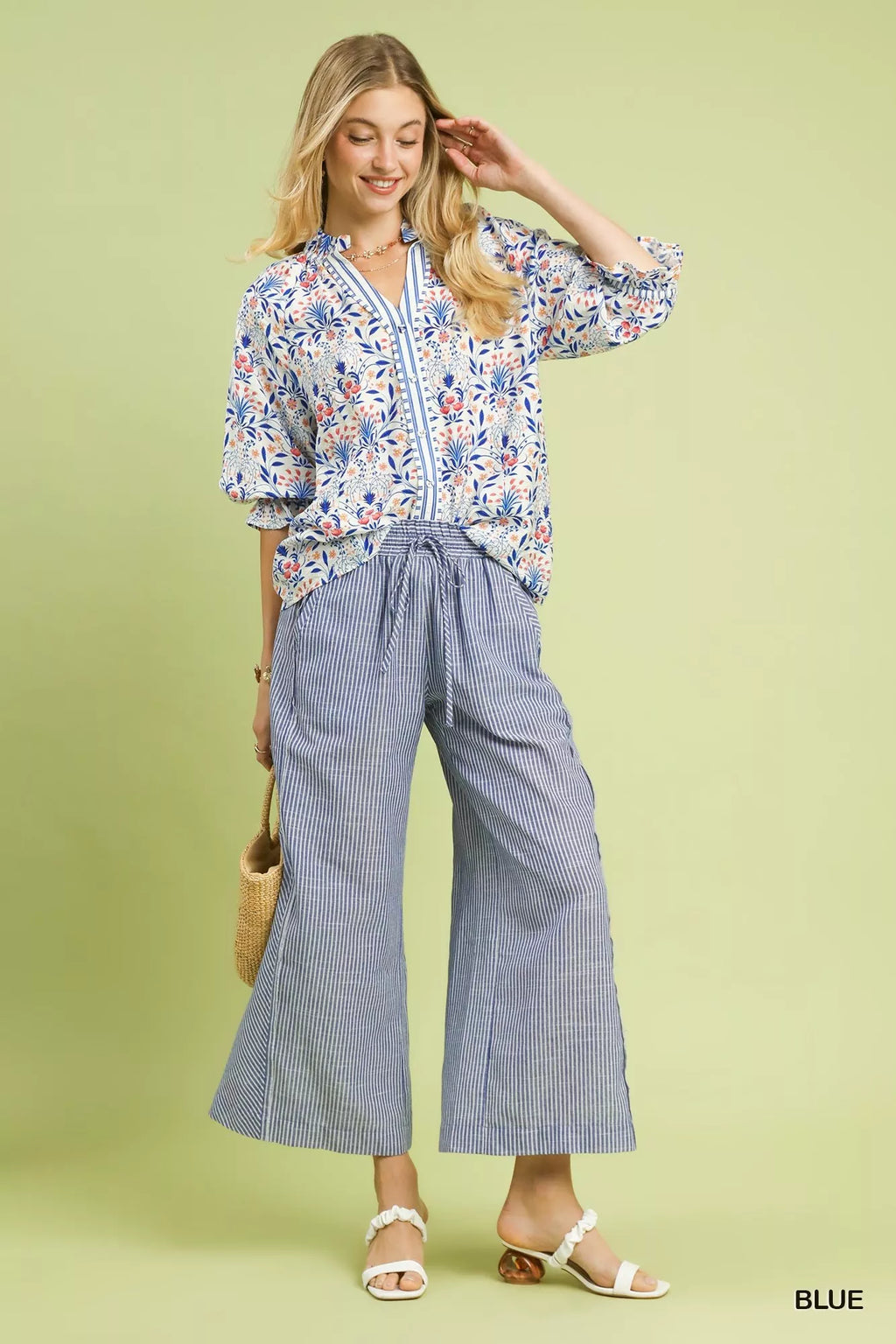 Umgee Linen Blend Striped Wide Leg Pants