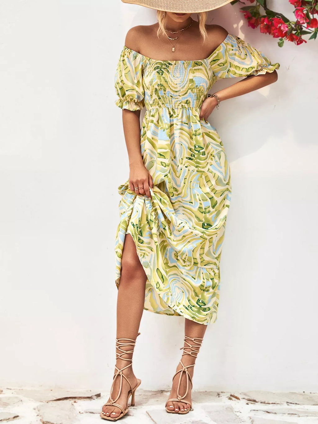 Smocked Printed Puff Sleeve Midi Dress