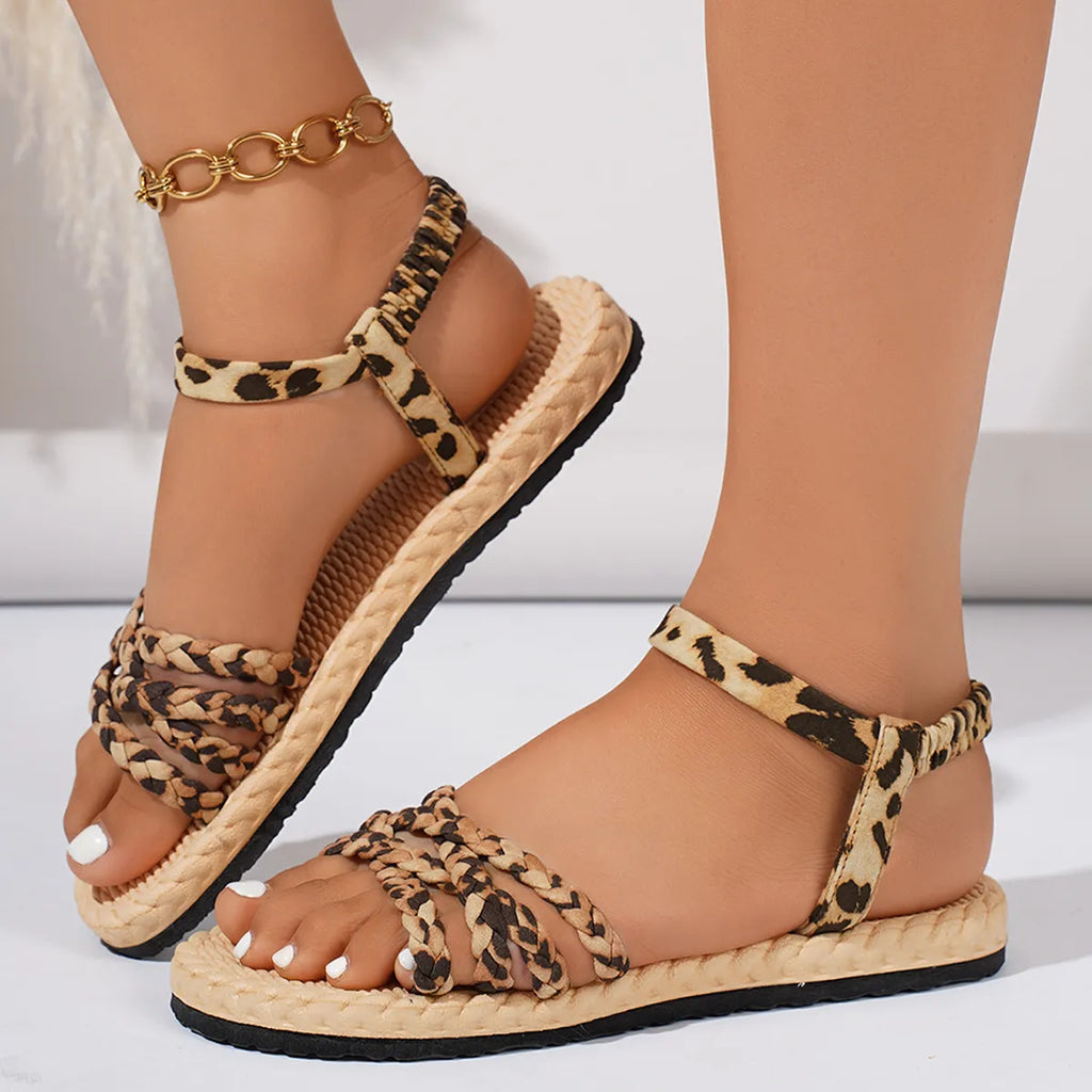 Leopard Braided Ankle Strap Sandals