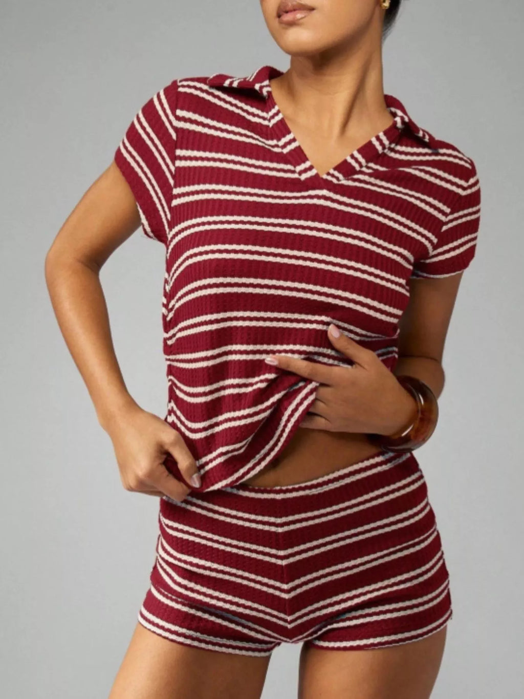 Striped Knit Short Sleeve Top & Shorts Set