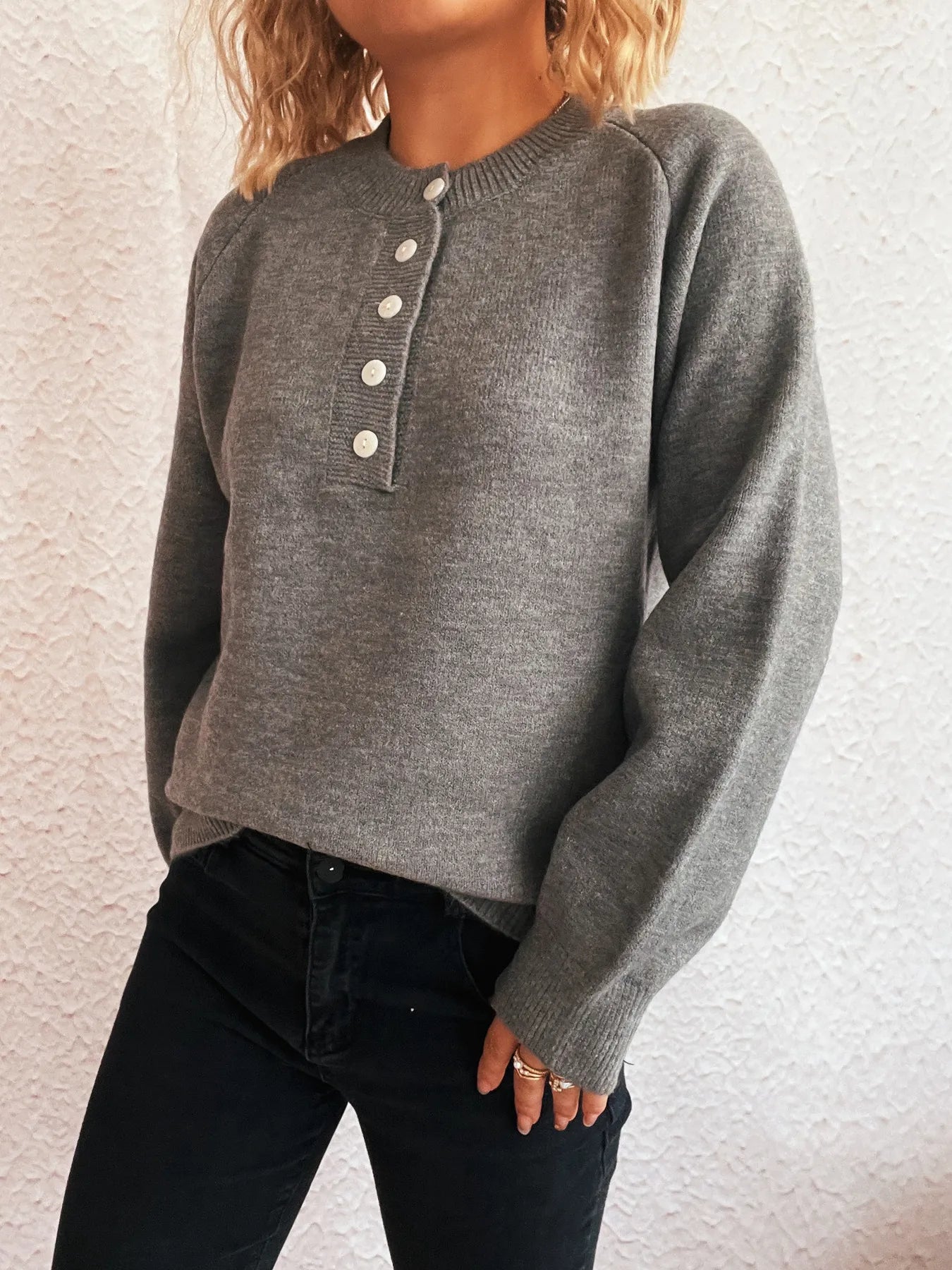Button-Front Long Sleeve Sweater