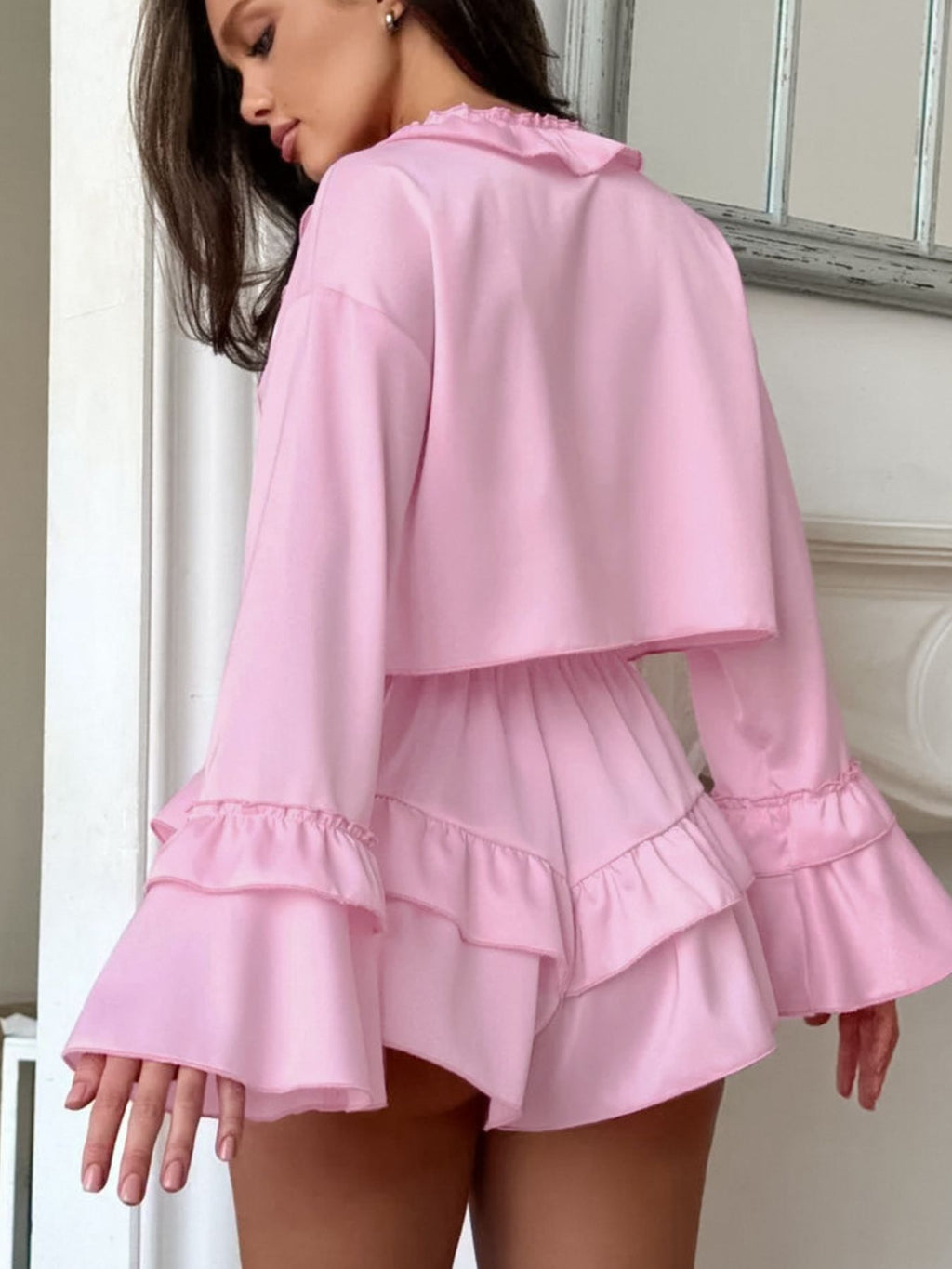 Ruffled V-Neck Top and Shorts Set