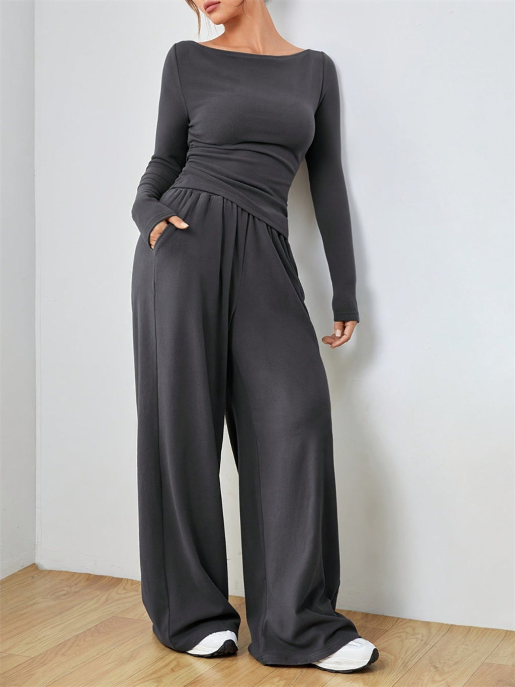 Casual Long Sleeve Top & Wide Leg Pants Set