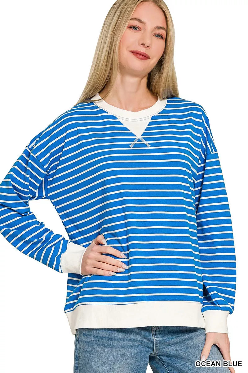 Zenana Contrast Striped Round Neck Sweatshirt
