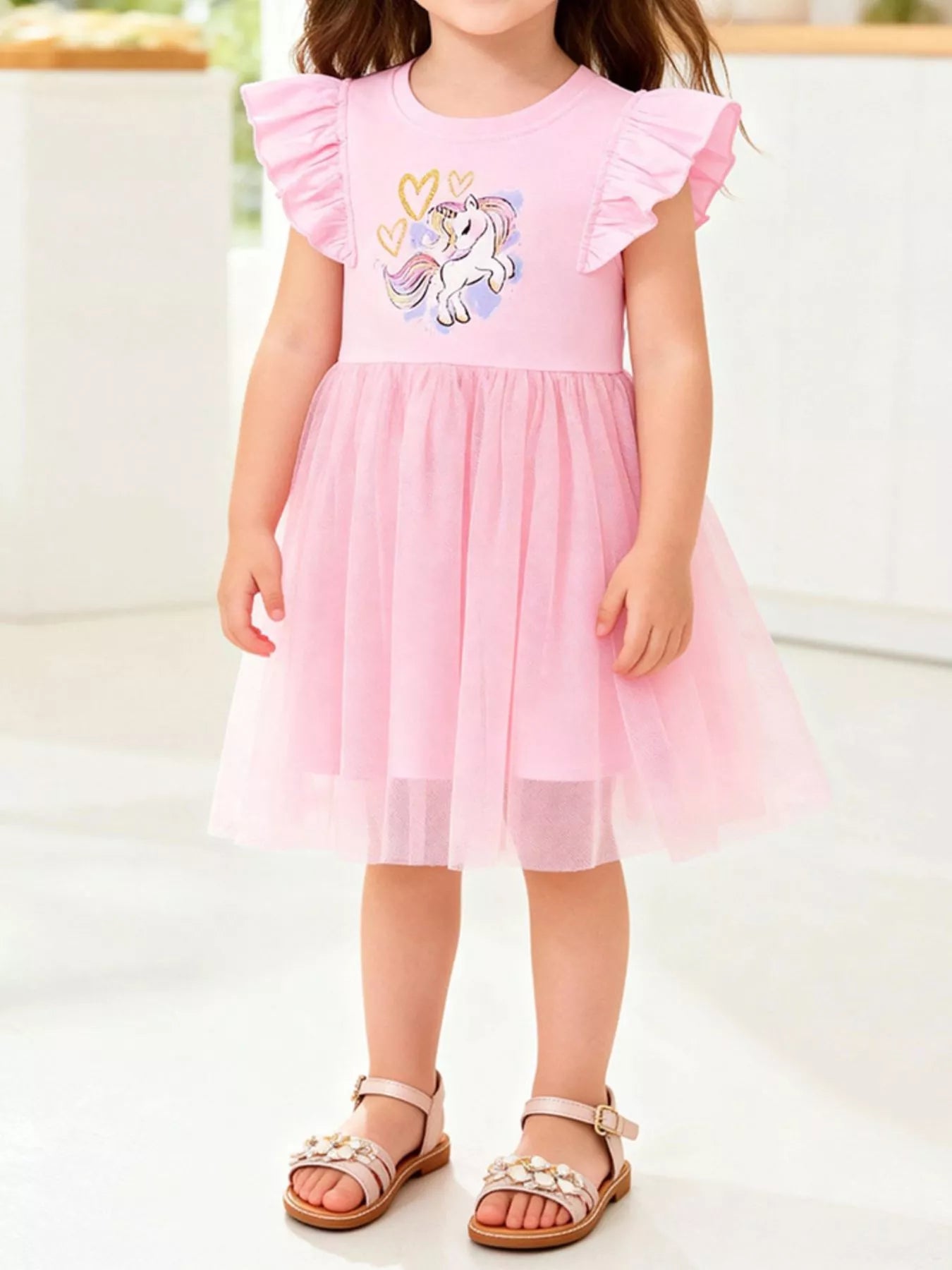 Children's Unicorn Graphic Ruffle Sleeve Tulle Dress