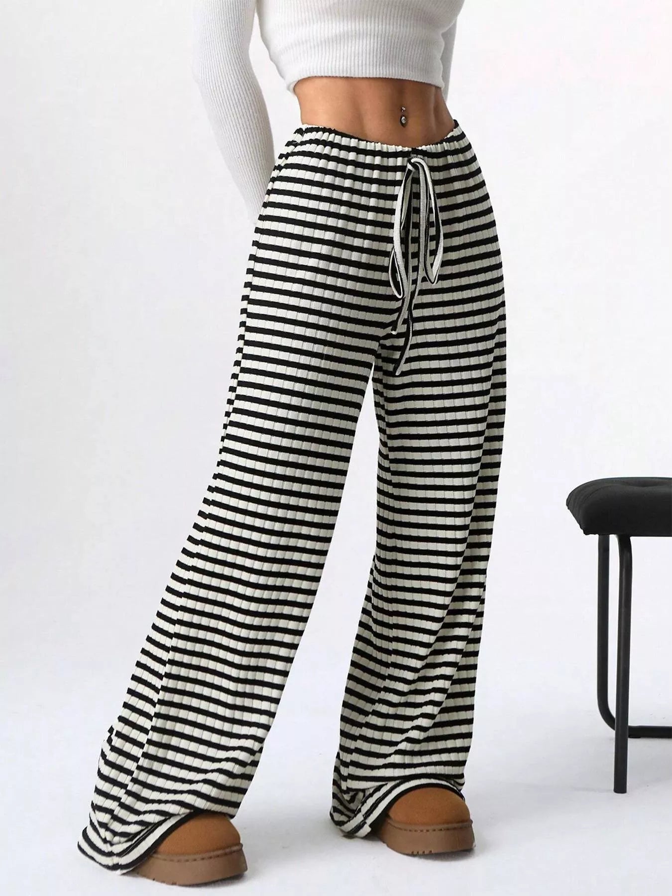 Striped Ribbed Knit Drawstring Waist Wide Leg Pants