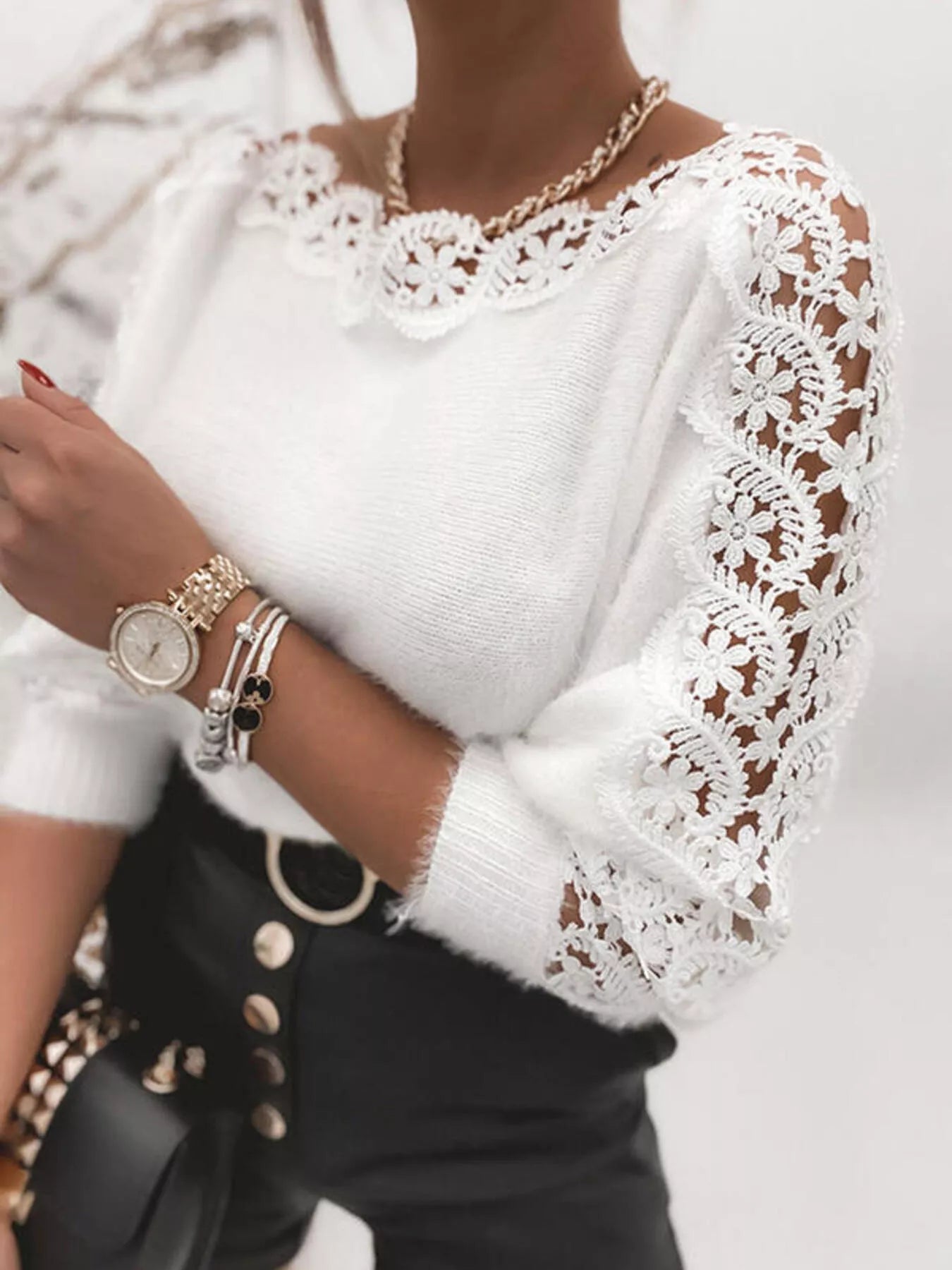 Lace Trim Round Neck Sweater