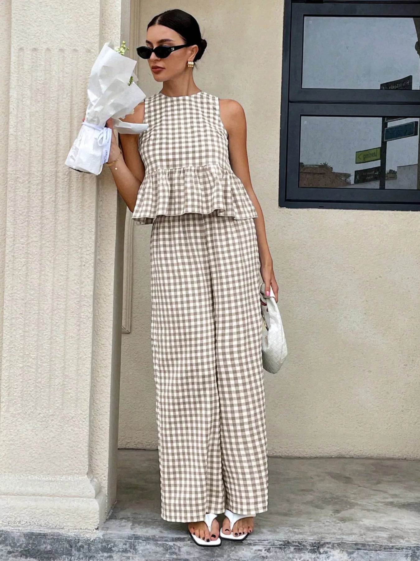 Gingham Sleeveless Top and Wide Leg Pants Set