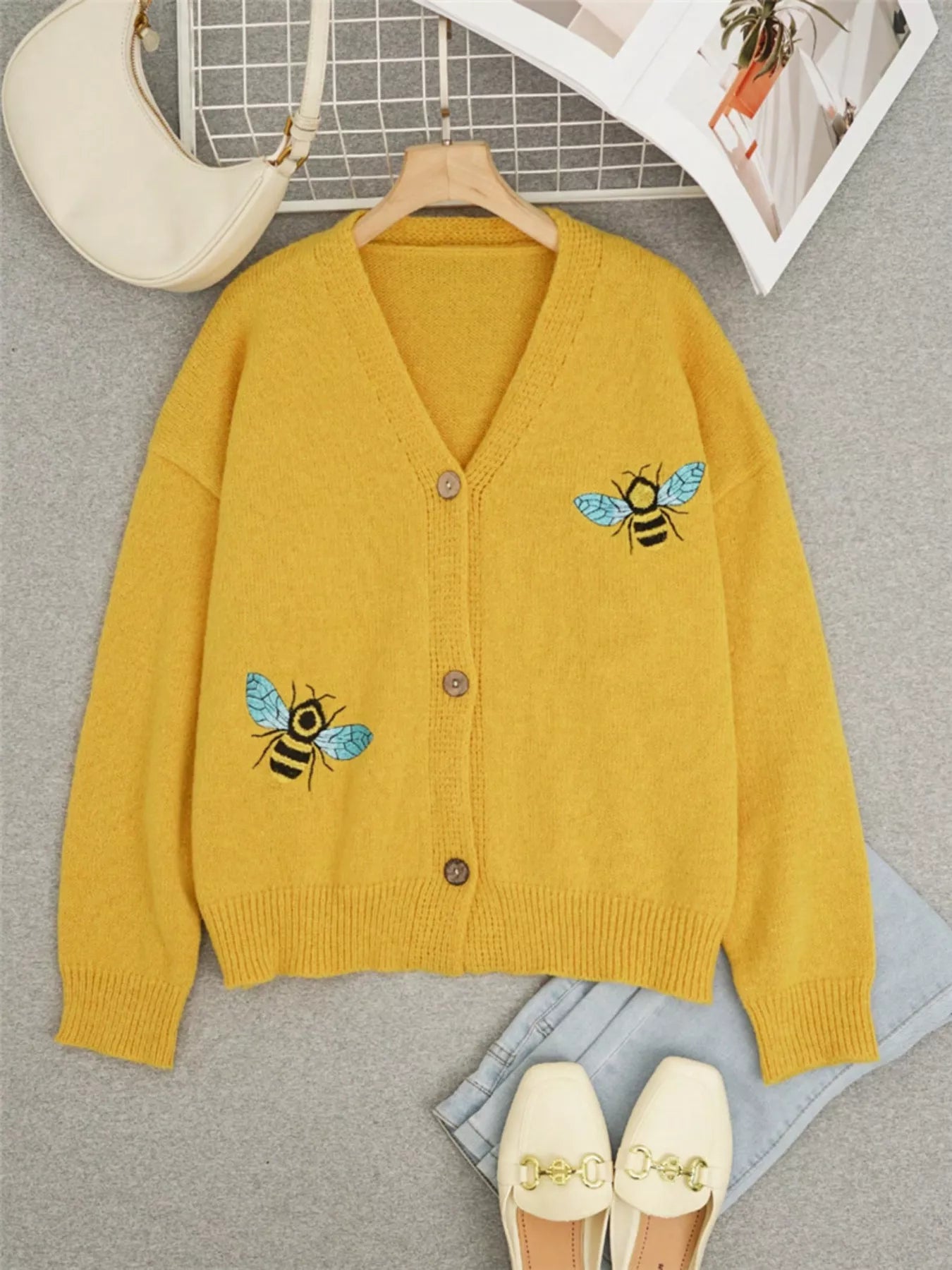 Bee Embroidered Button-Down Cardigan