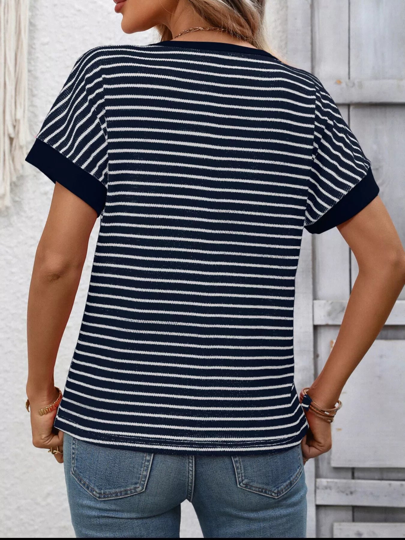 Striped Ribbed Knit Short Sleeve T-Shirt