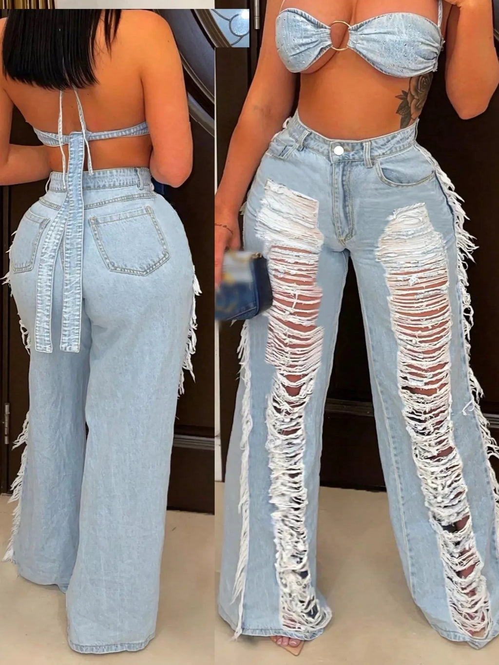 Distressed Wide-Leg Jeans