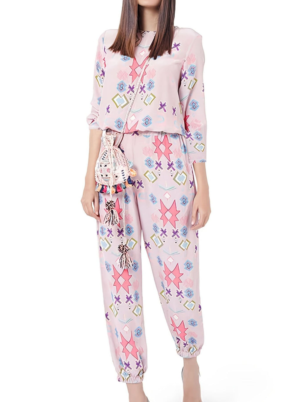 Printed Round Neck Long Sleeve Top and Pants Lounge Set