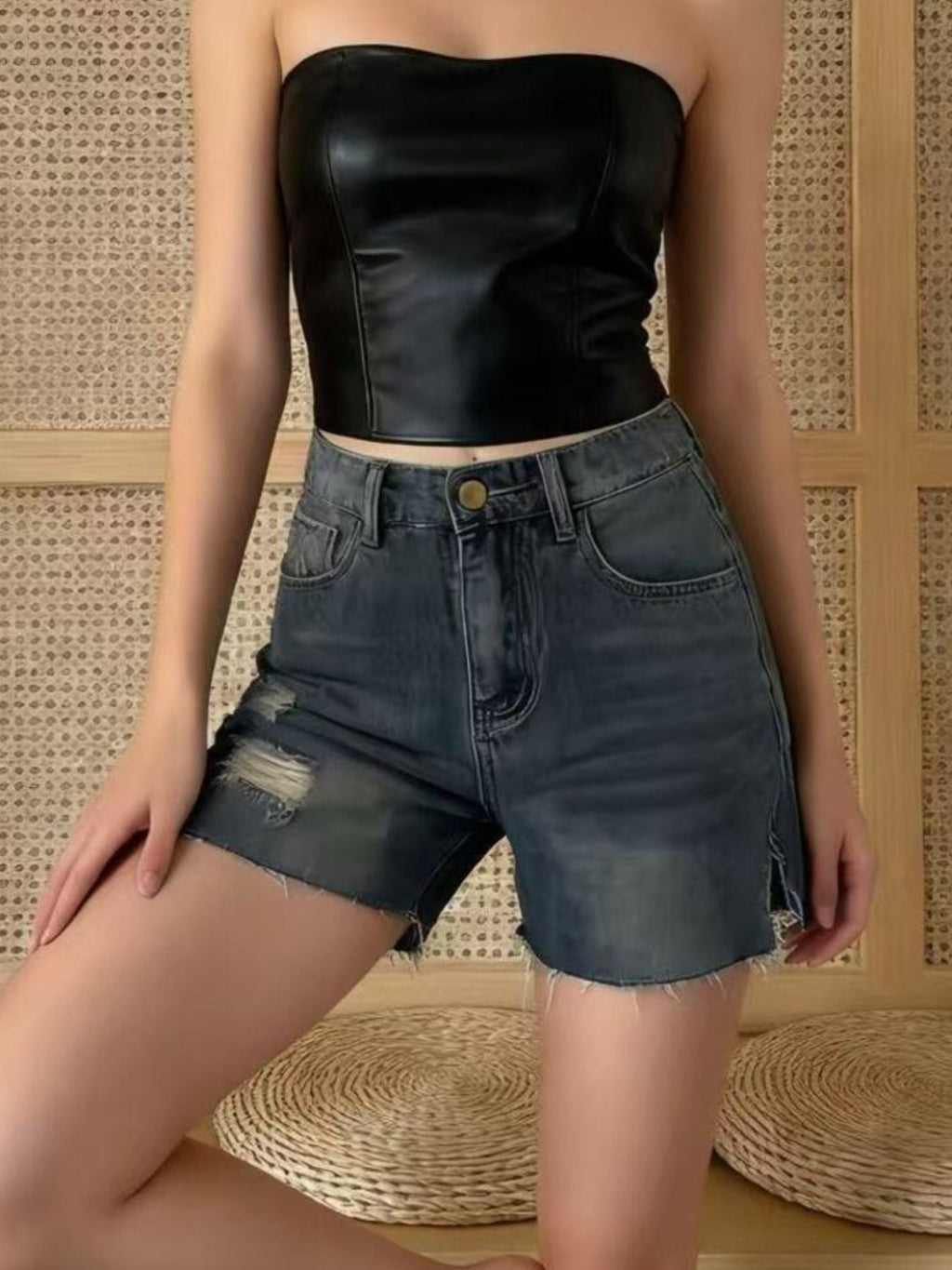 Distressed Slit Denim Shorts