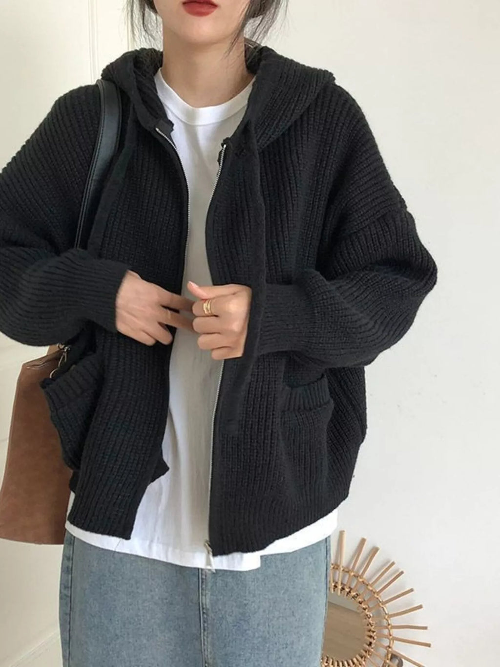 Full Size Casual Knitted Zip-Up Hooded Cardigan Plus Size
