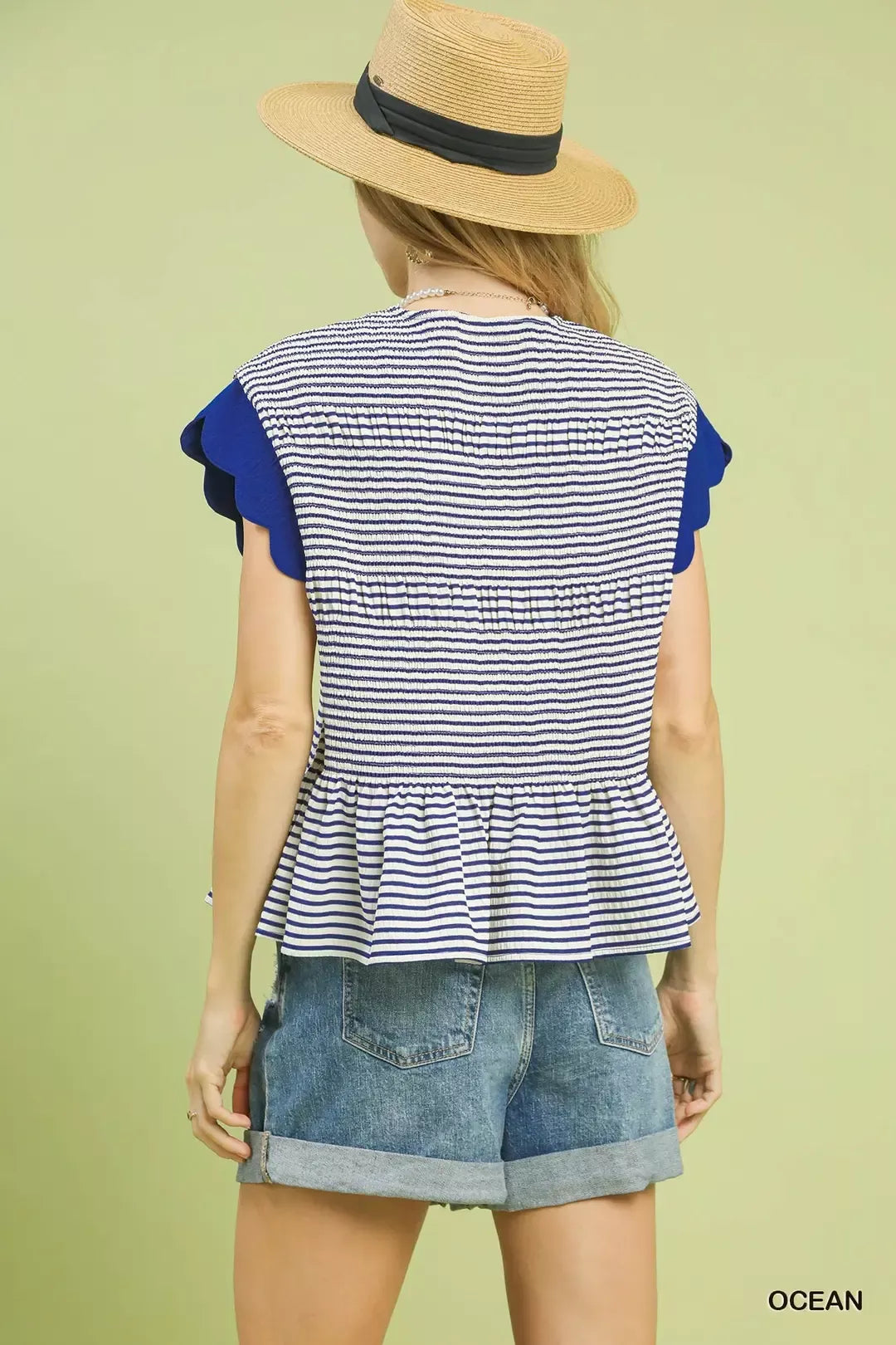 Umgee Stripe Ruffle Sleeve Peplum Top