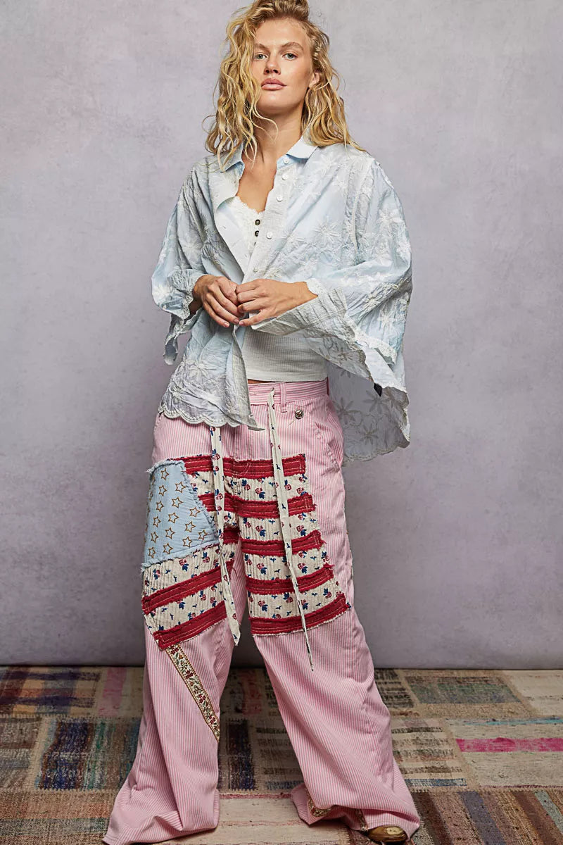 POL Embroidered Floral Collared Neck Shirt with Scalloped Edges