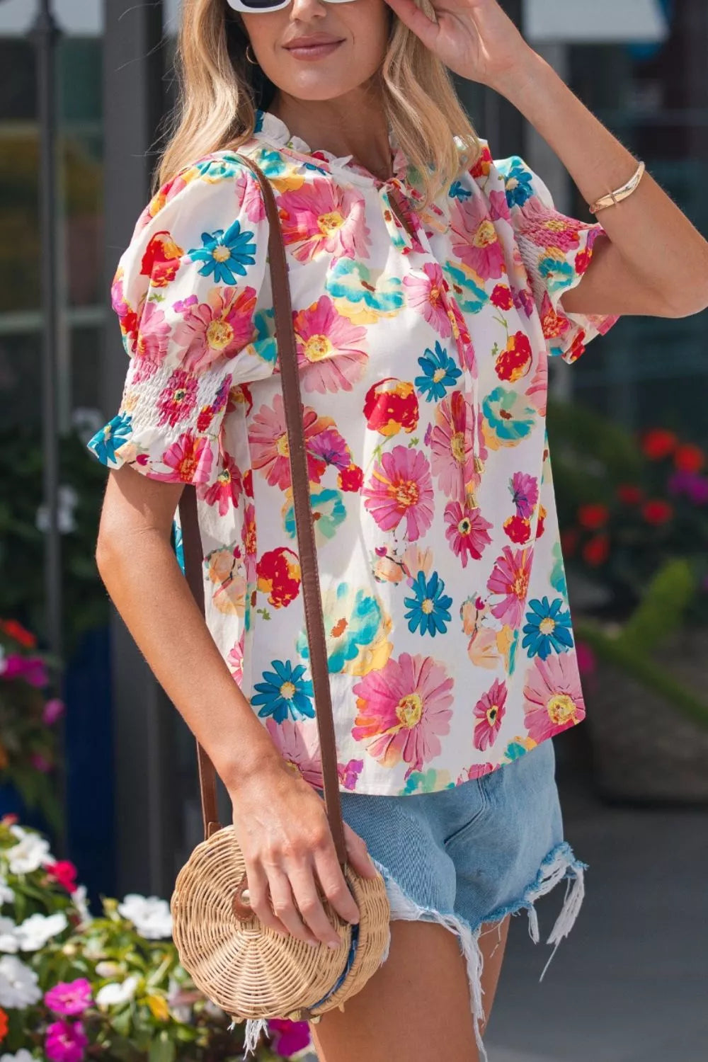 Floral Print Ruched Short Sleeve Blouse