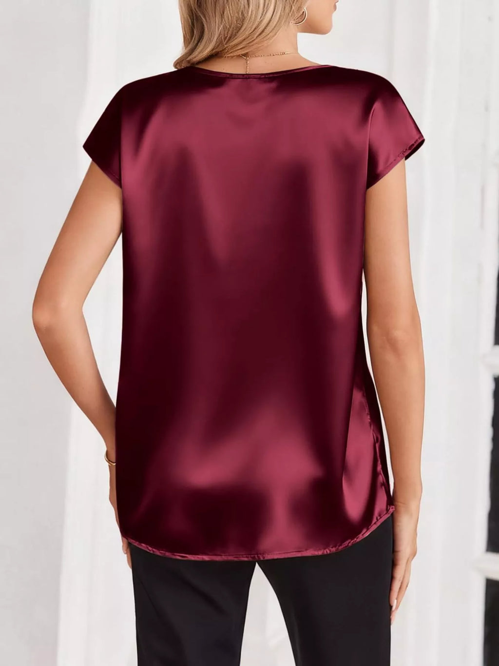 Satin V-Neck Cap Sleeve Blouse