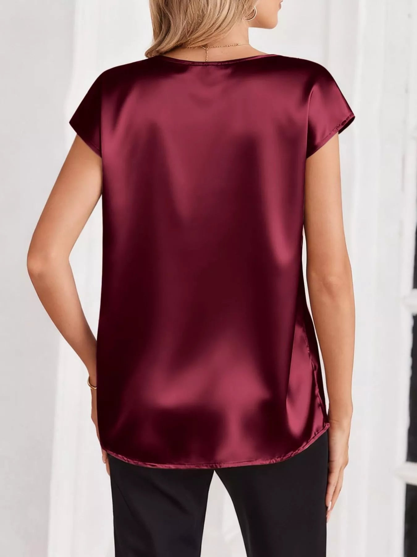 Satin V-Neck Cap Sleeve Blouse