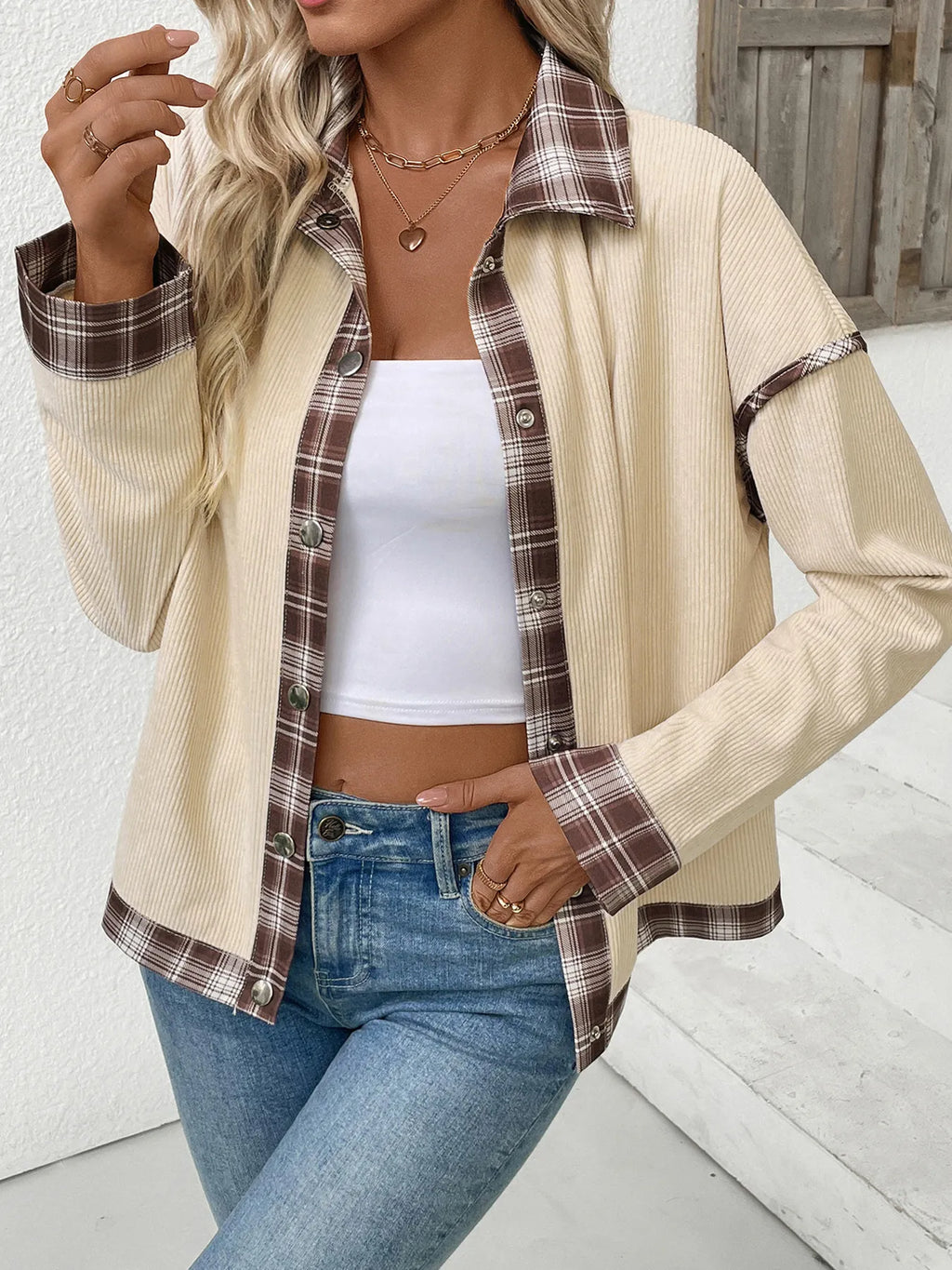 Plaid Hem Button Up Long Sleeve Shacket