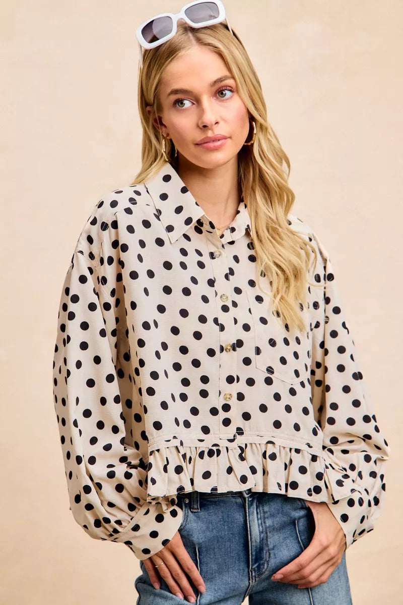 BiBi Crinkle Polka Dot Ruffled Hem Button Up Shirt Top
