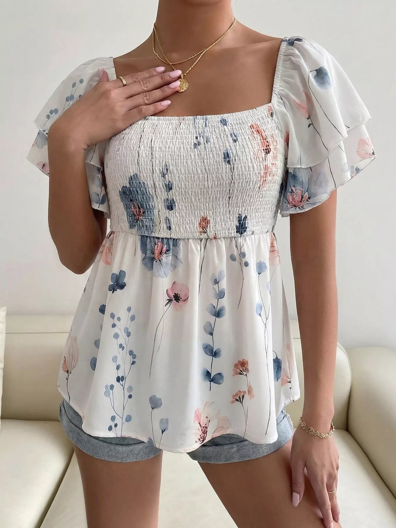 Smocked Square Neck Flutter Sleeve Blouse