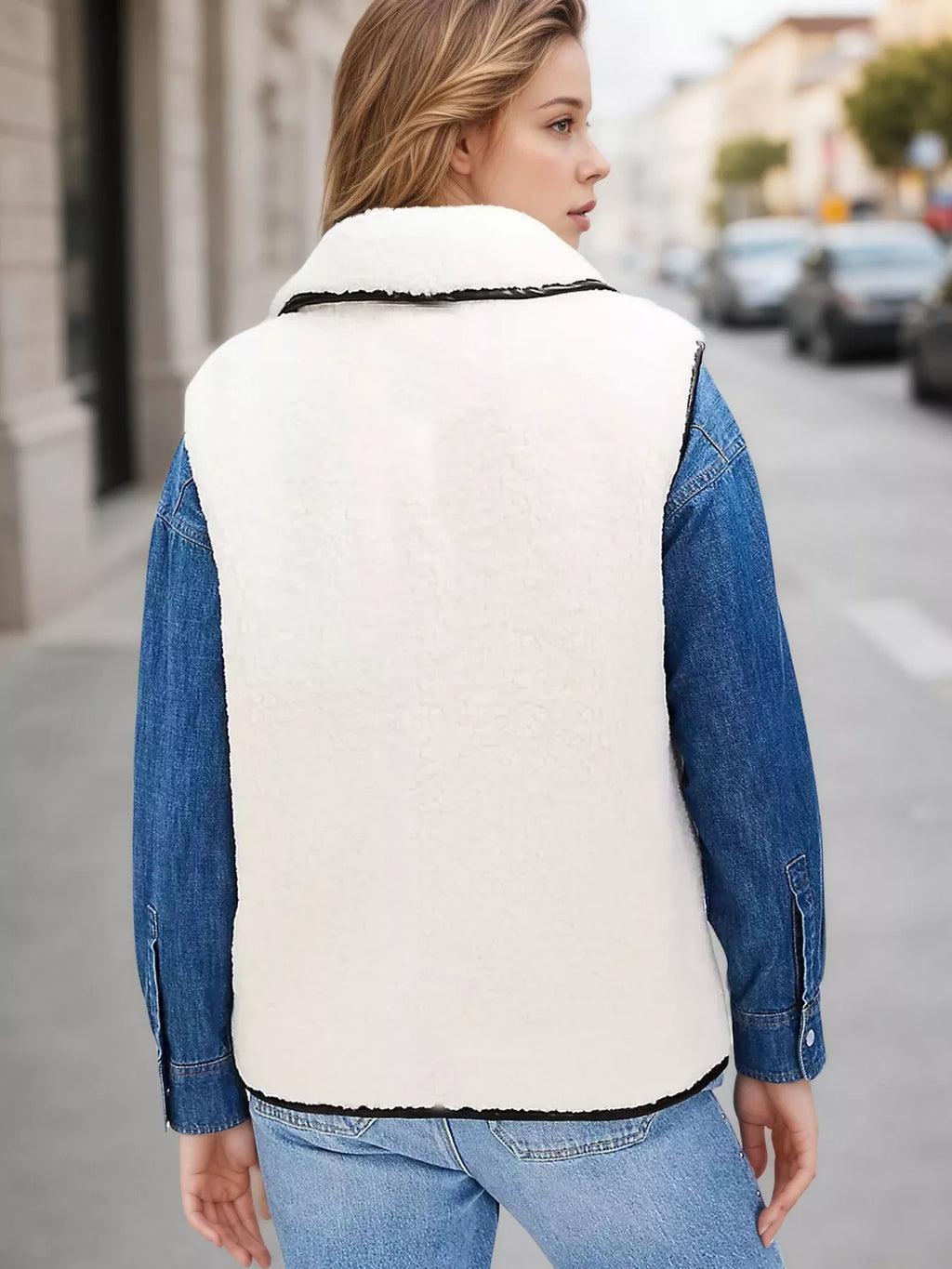 Sherpa Fleece Vest Coat with Contrast Trim