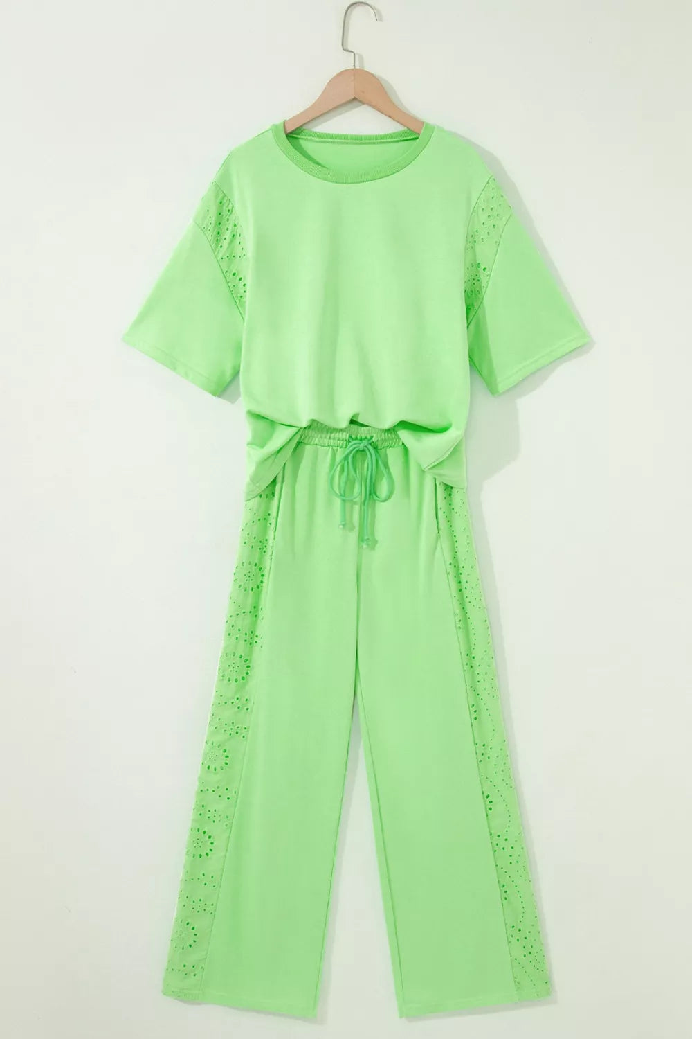 Lace Patchwork Half Sleeve Top Elastic Waist Pants Two Piece Set