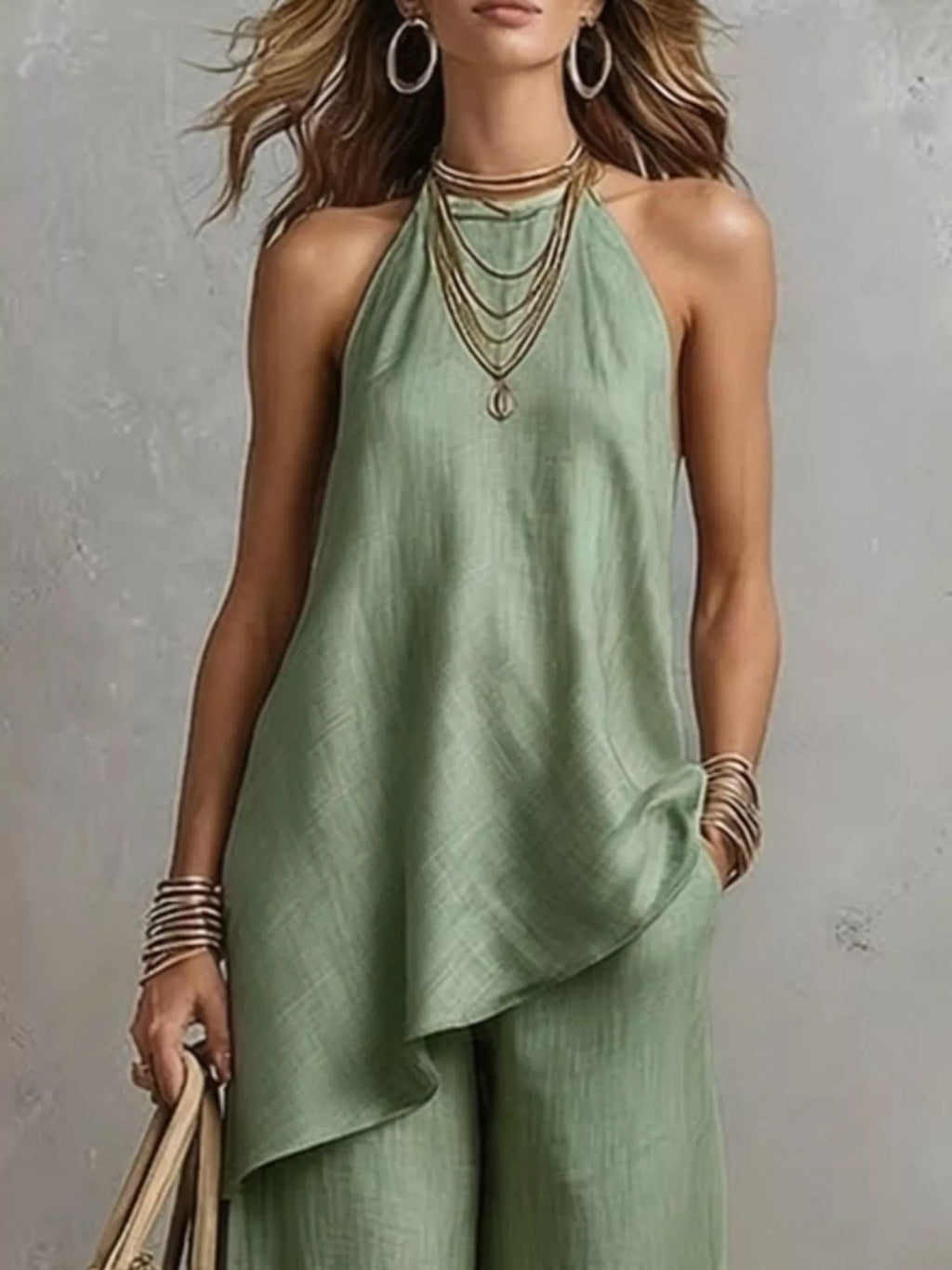 Full Size Asymmetrical Hem Cami and Wide Leg Pants Set Plus Size