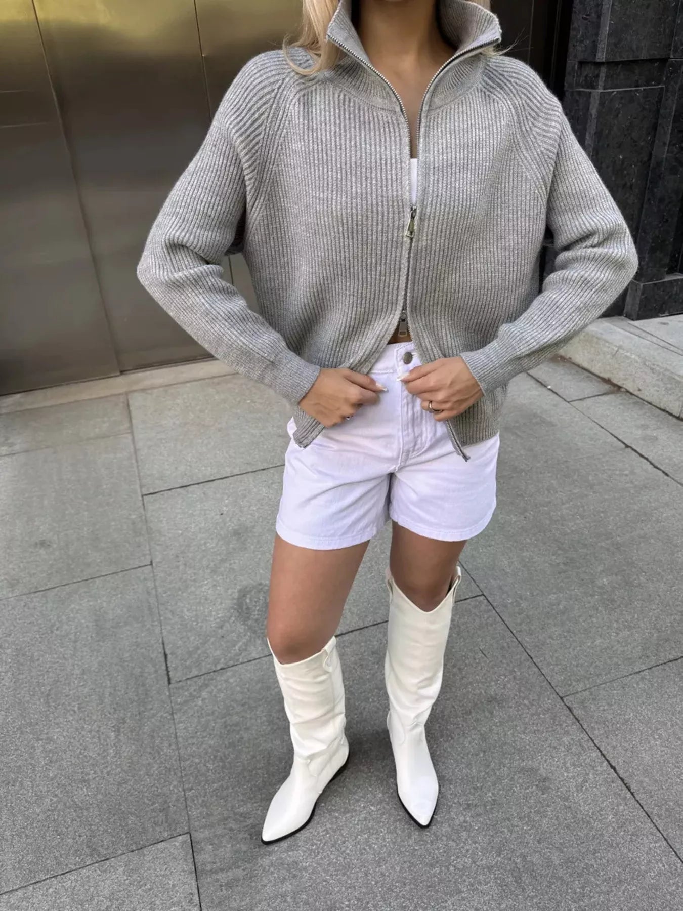 Zip-Up Ribbed Knit Cardigan