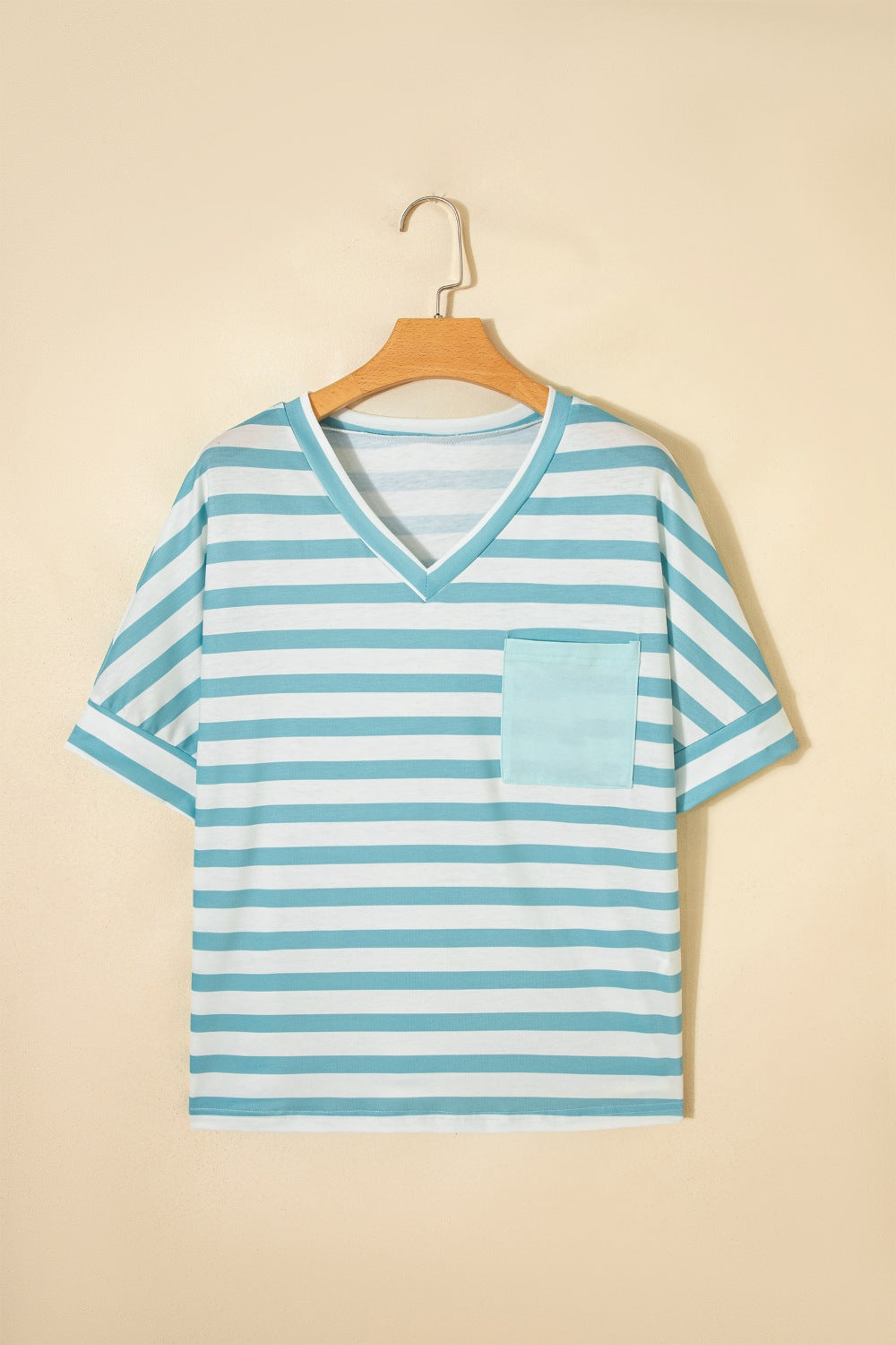 Stripe V Neck Patched Pocket Casual T Shirt