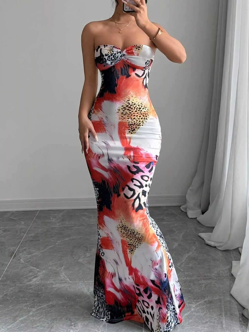 Abstract Print Bodycon Sweetheart Neck Tube Maxi Dress