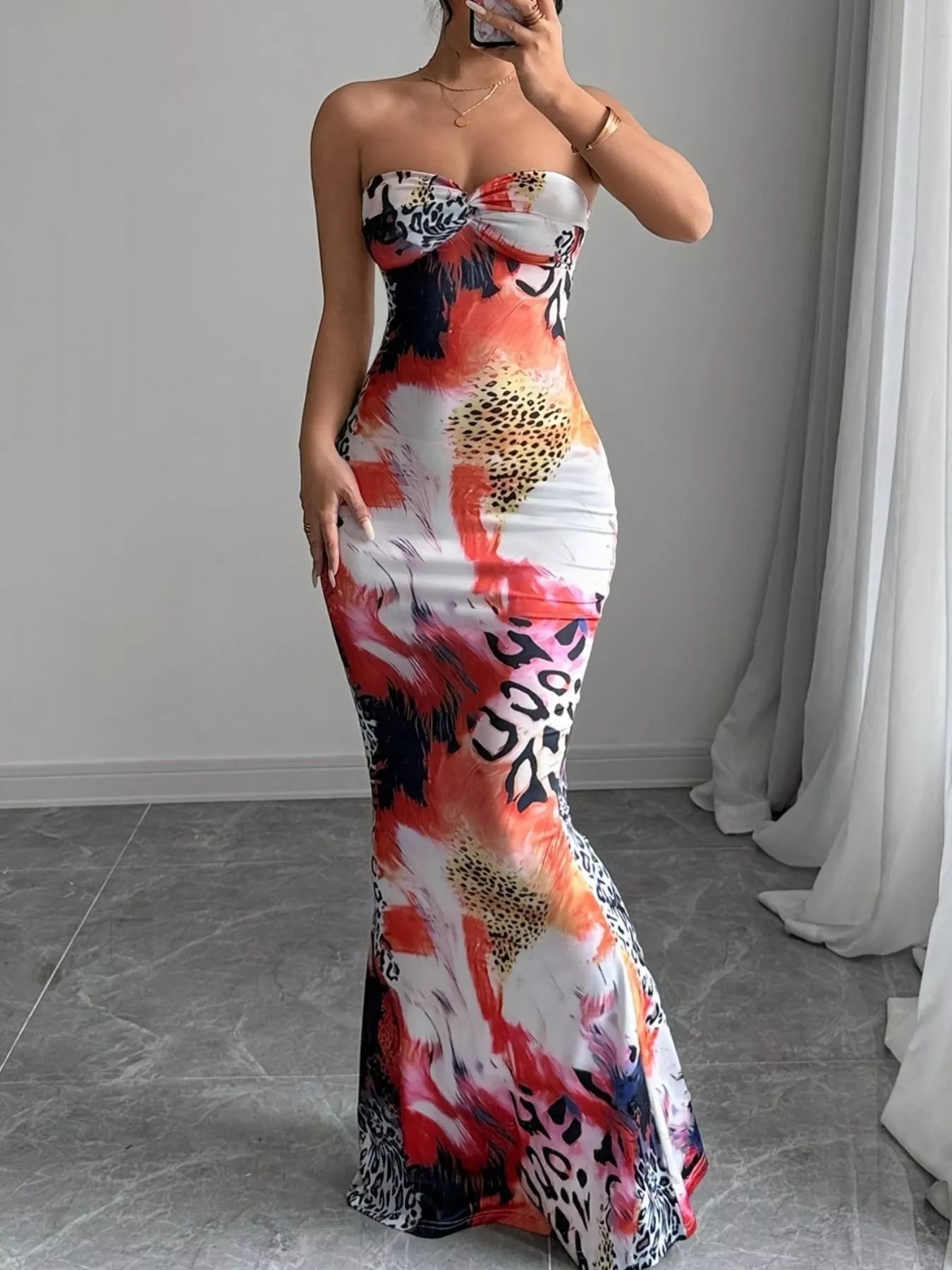 Abstract Print Bodycon Sweetheart Neck Tube Maxi Dress