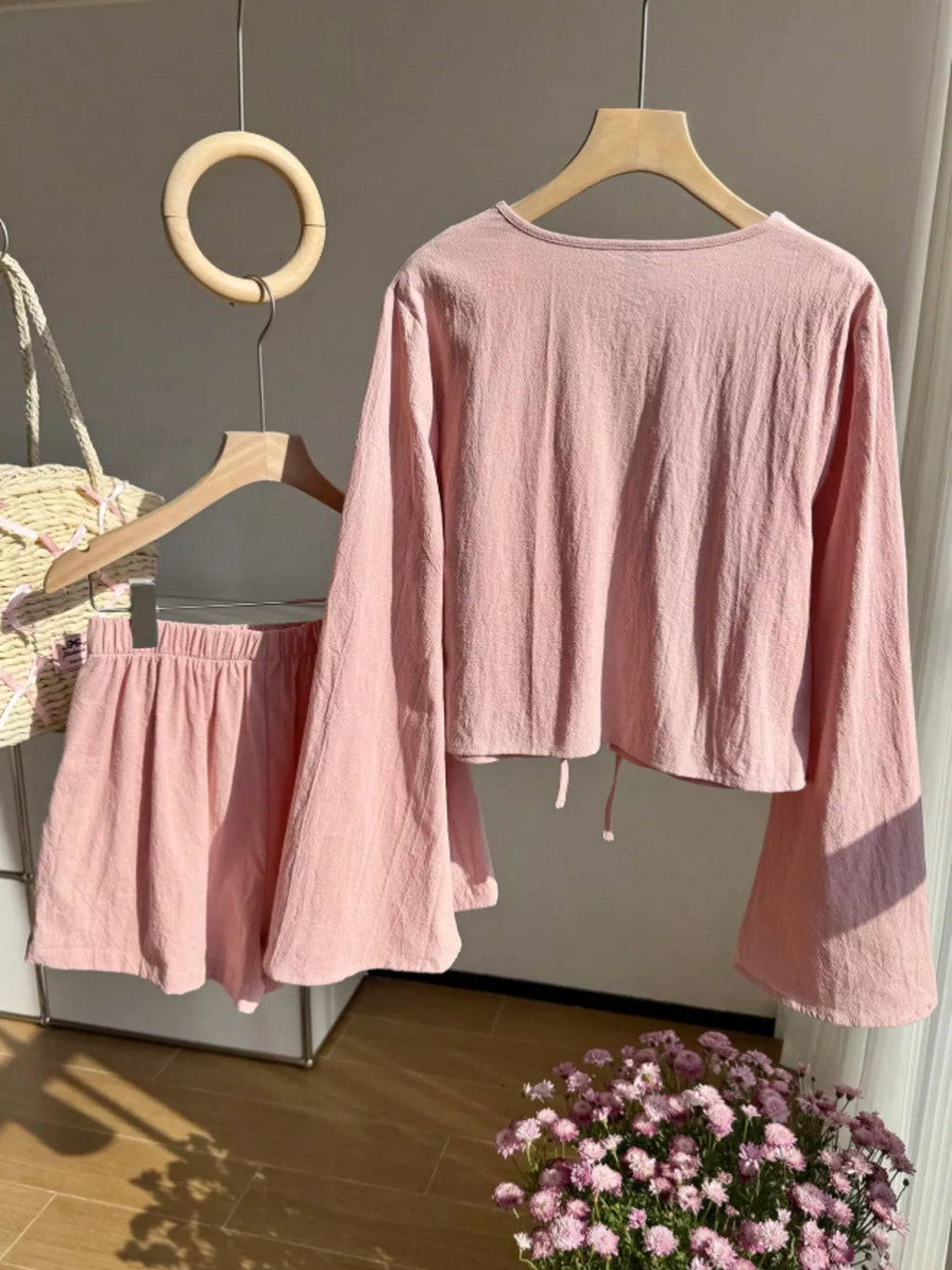 Embroidered Tie-Front Top & Shorts Set