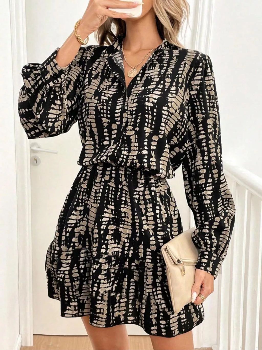 Printed Long Sleeve Mini Dress