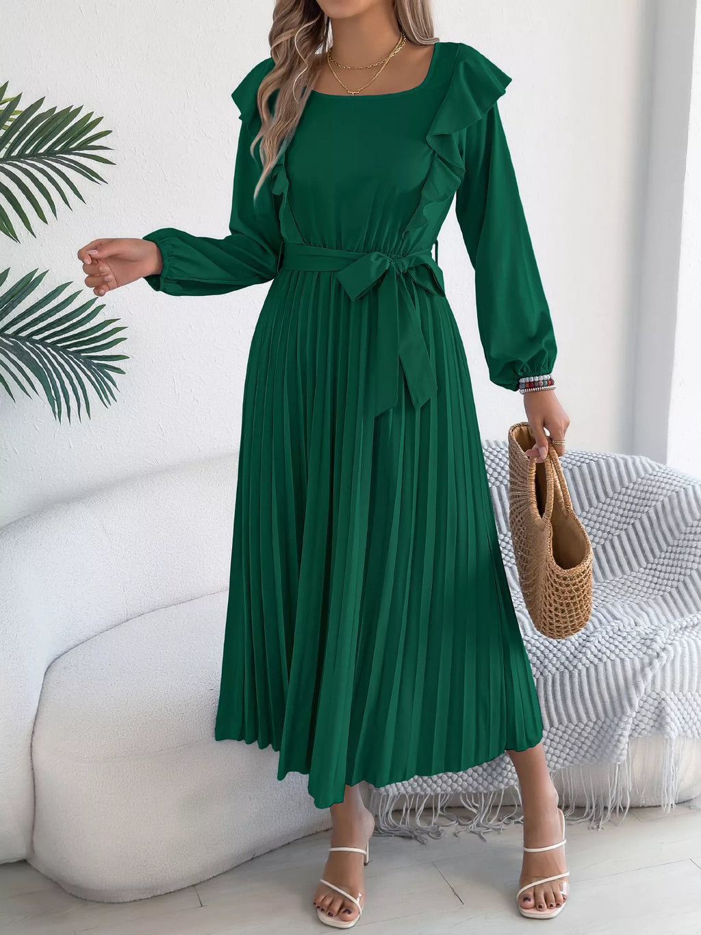Ruffle Trim Pleated A-Line Midi Dress