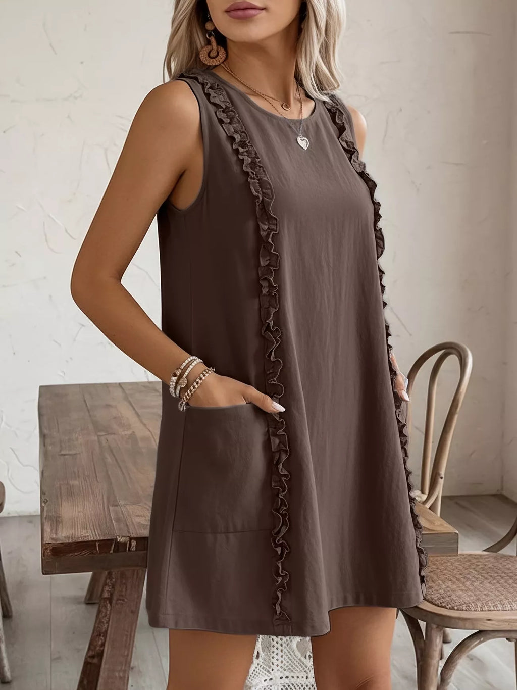 Frill Sleeveless Round Neck Dress