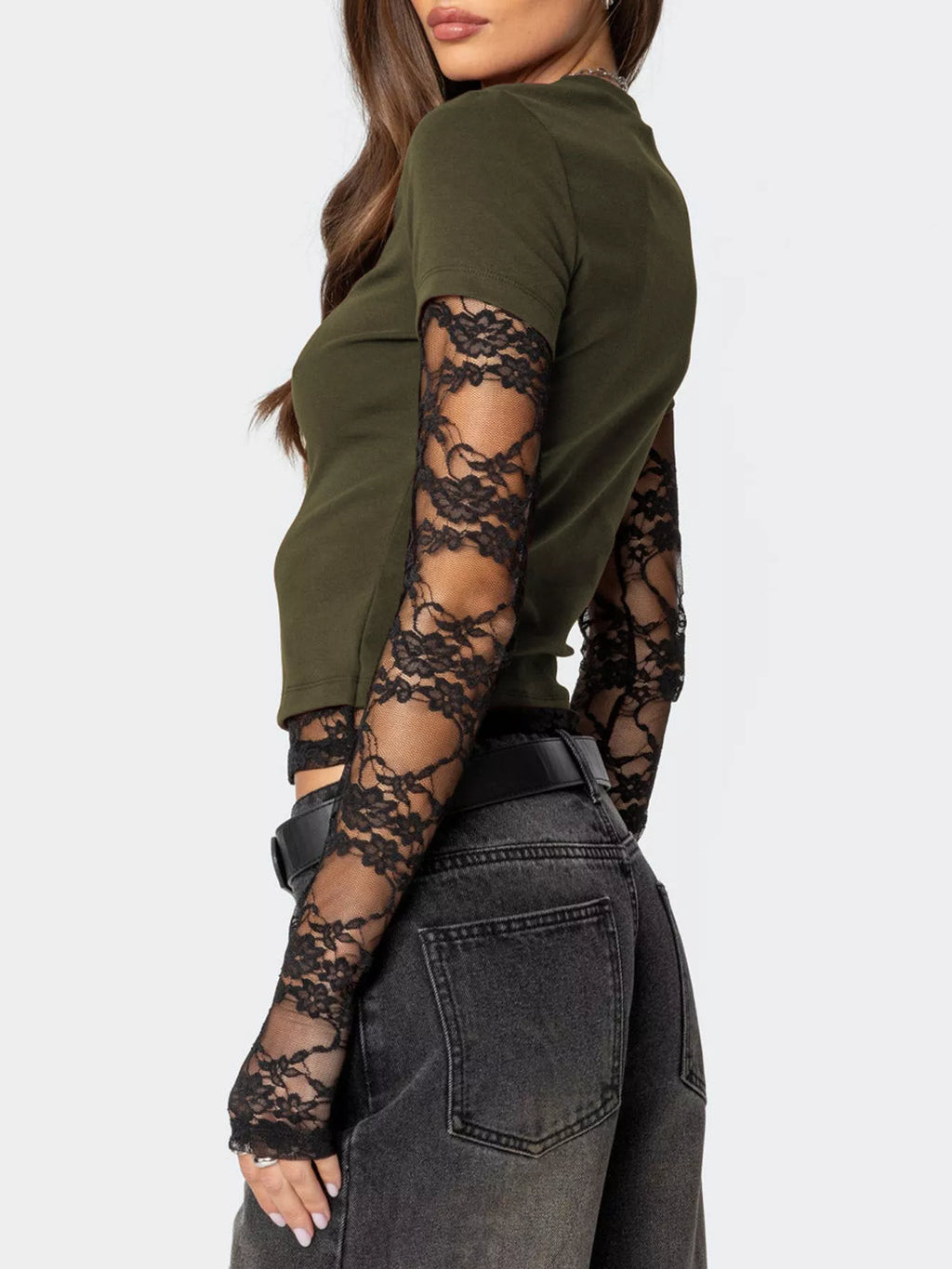 Cropped T-Shirt with Sheer Lace Sleeves