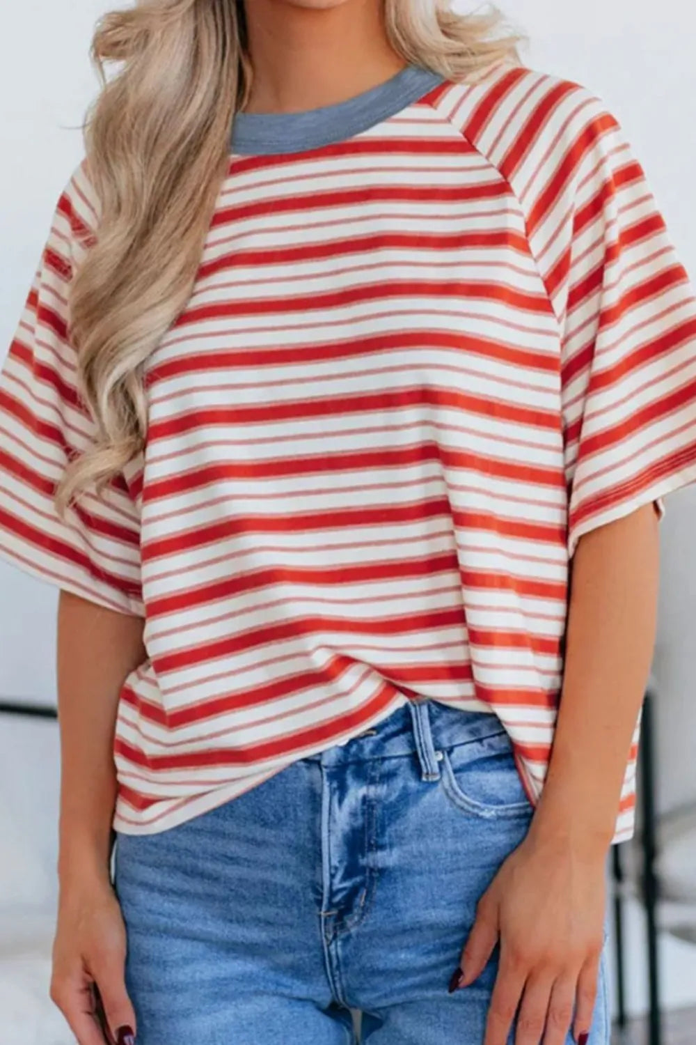 Stripe Print Contrast Collar Raglan Sleeve T Shirt