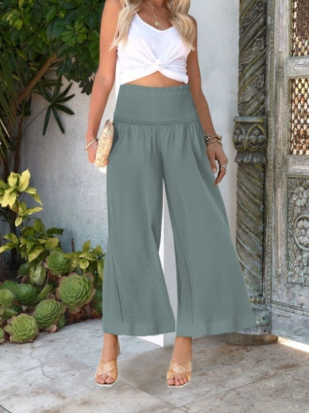 Wide-Leg Smocked Waist Pants