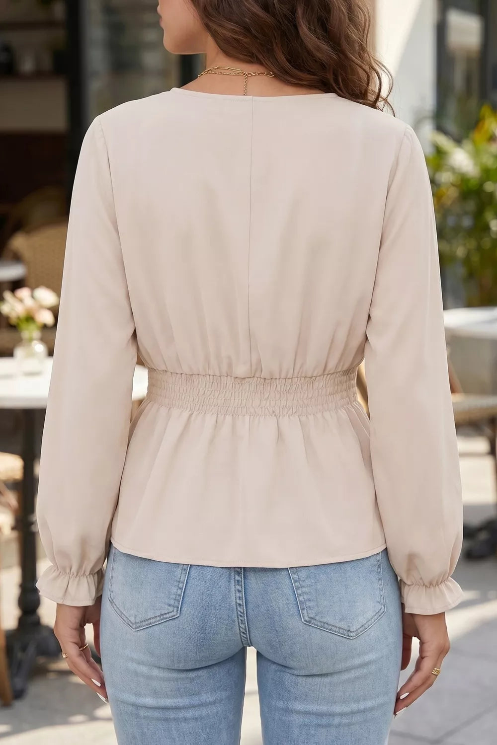 V Neck Long Sleeve Smocked Waist Elegant Blouse