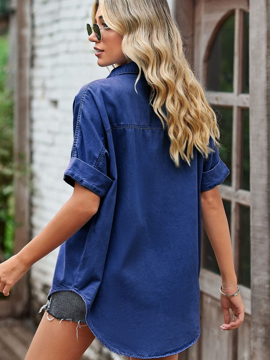 Short Sleeve Collared Neck Denim Shacket with Pockets