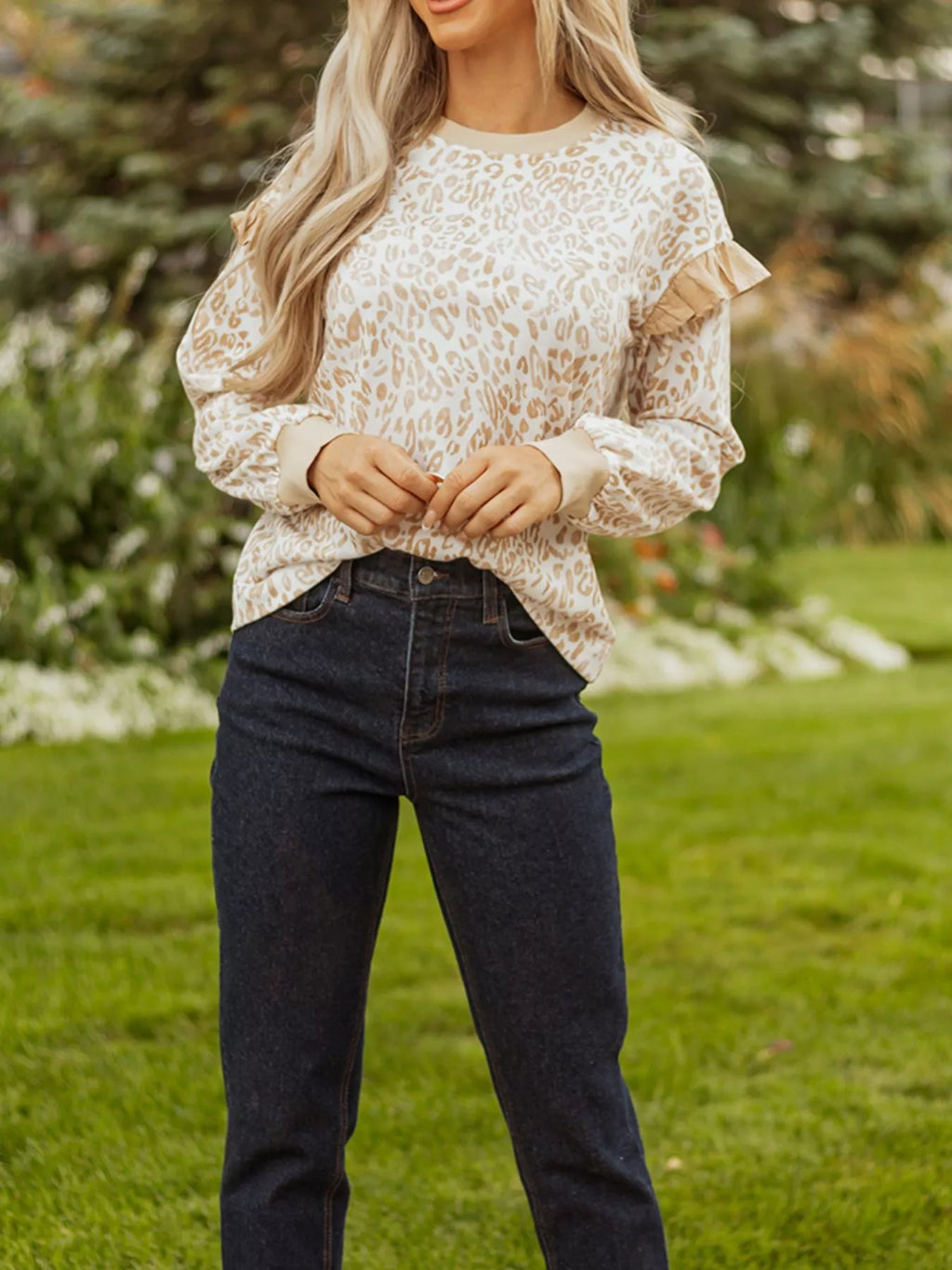 Leopard Ruffle Detail Ribbed Trim Round Neck Sweatshirt