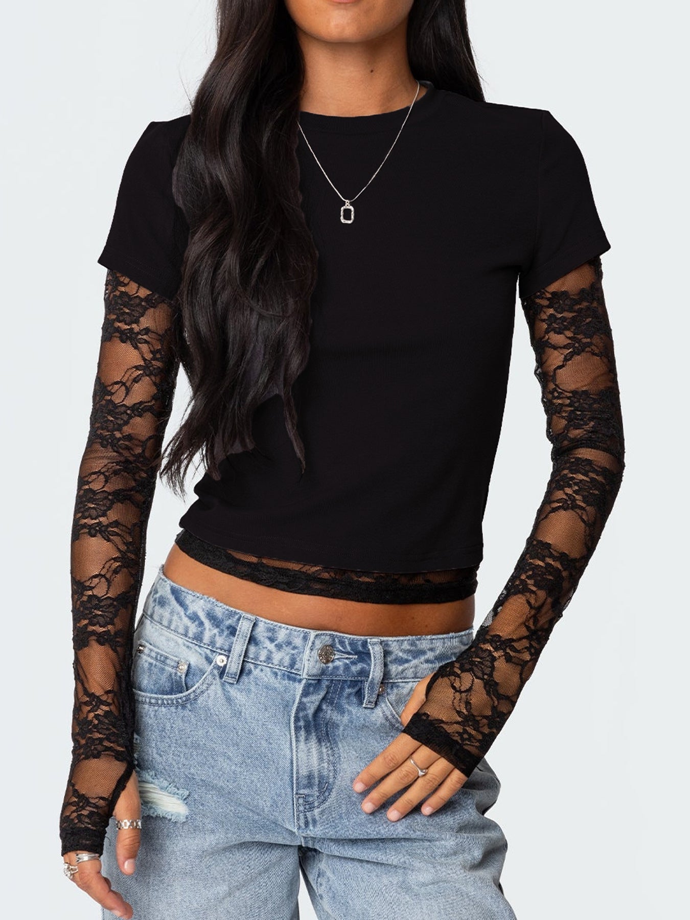 Lace Sleeve Fitted T-Shirt