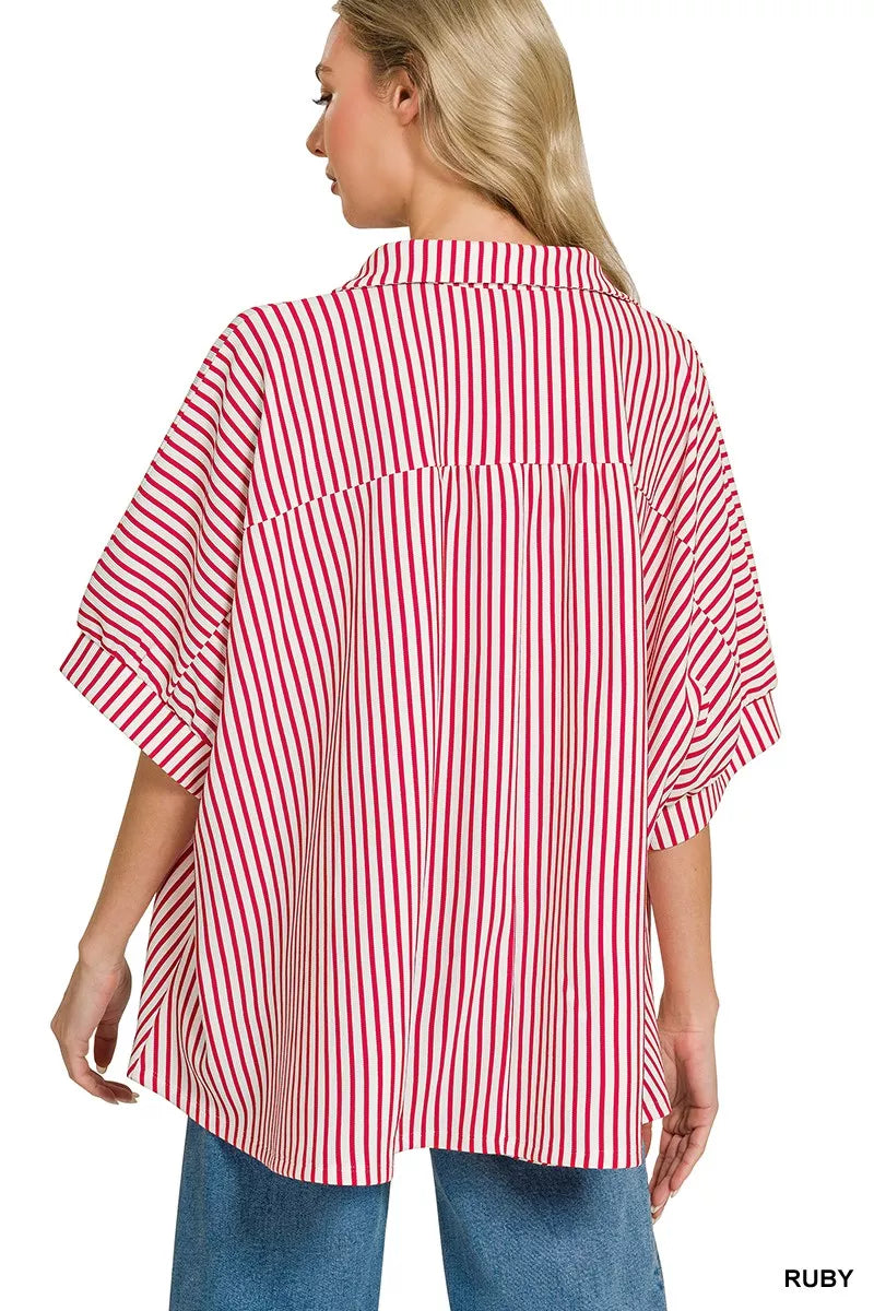 Zenana Oversized Stripe Button Down Shirt