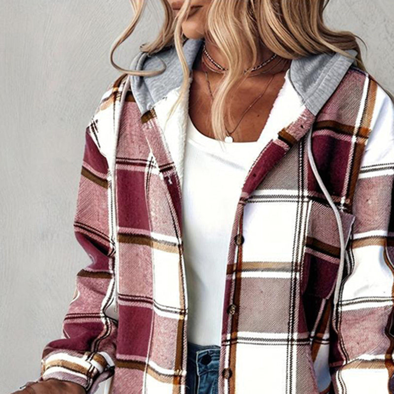 Women's Plaid Hoodie Long Sleeve Jacket With Pocket