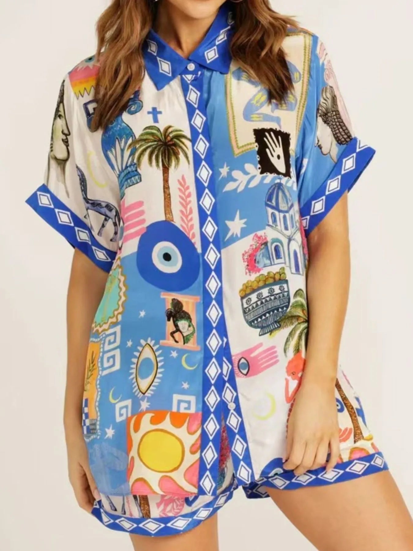 Printed Button Up Shirt and Shorts Set