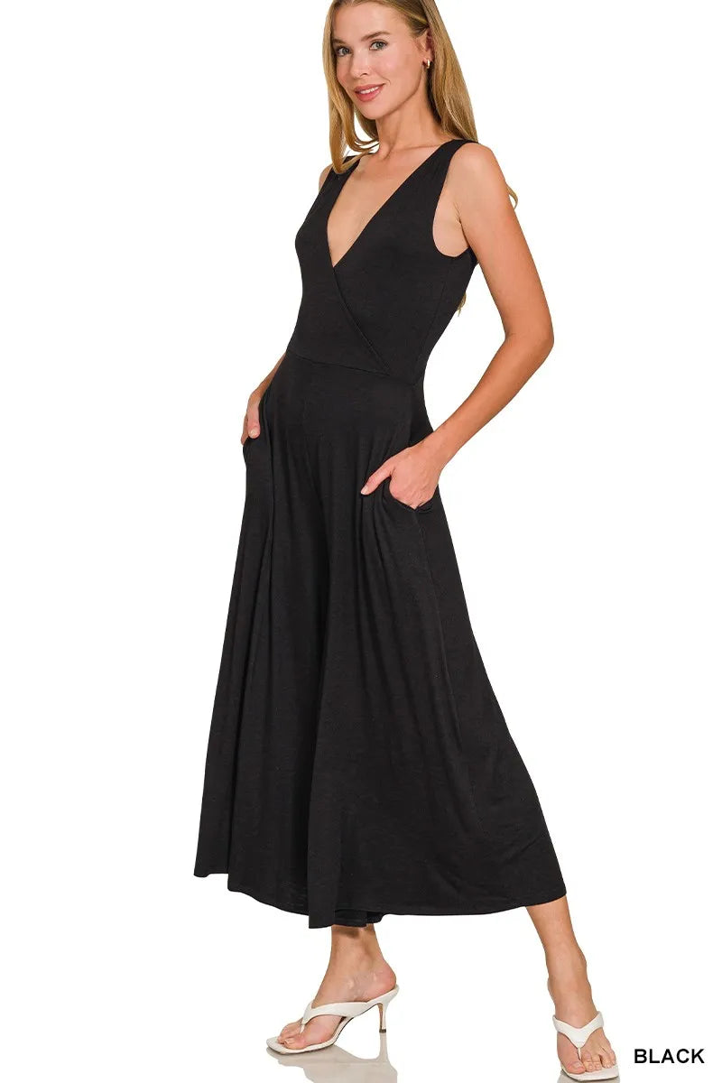 Zenana Surplice Neckline Sleeveless Jumpsuit