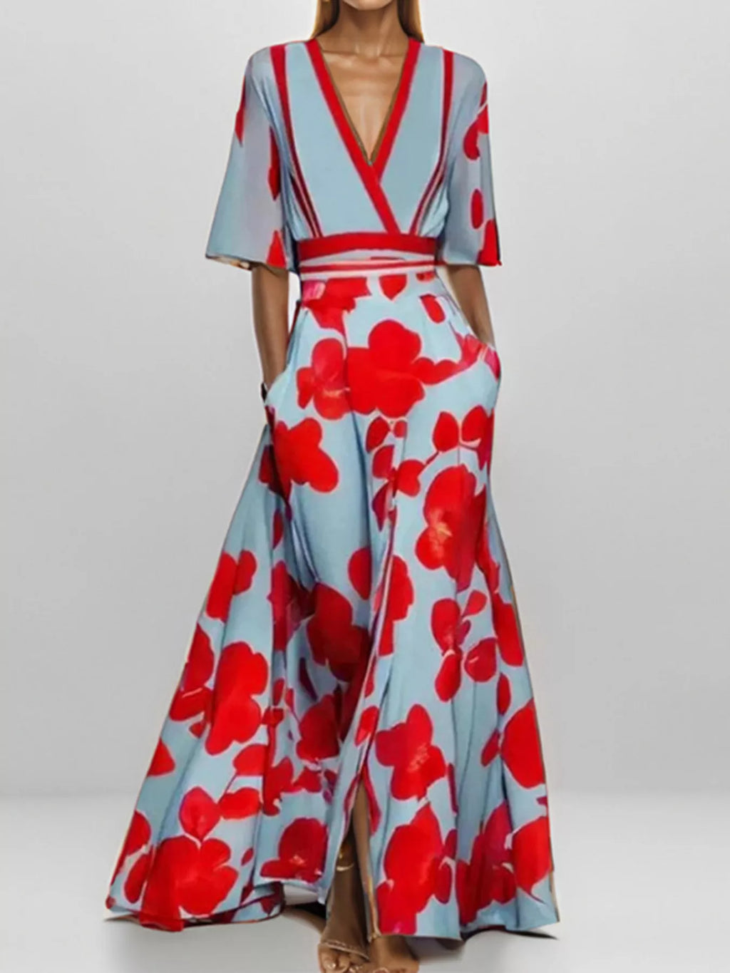 Floral Print Half Sleeve Maxi Dress with Pockets