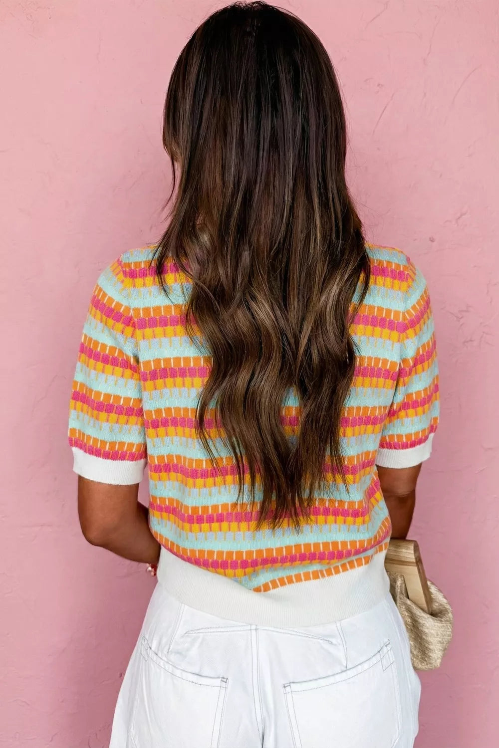 Abstract Striped Knit Short Sleeve Sweater